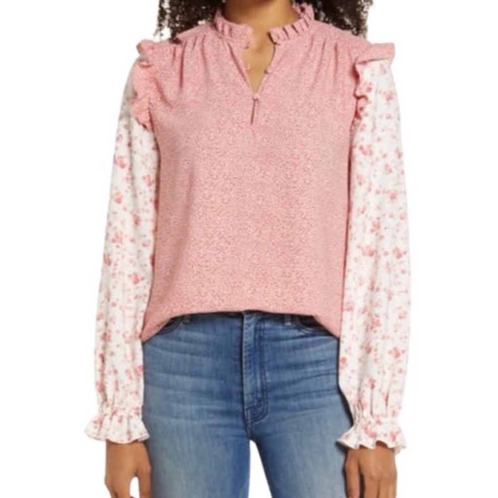 Rachel Parcell blouse puff shoulder S NEW mix print pink cream dainty feminine